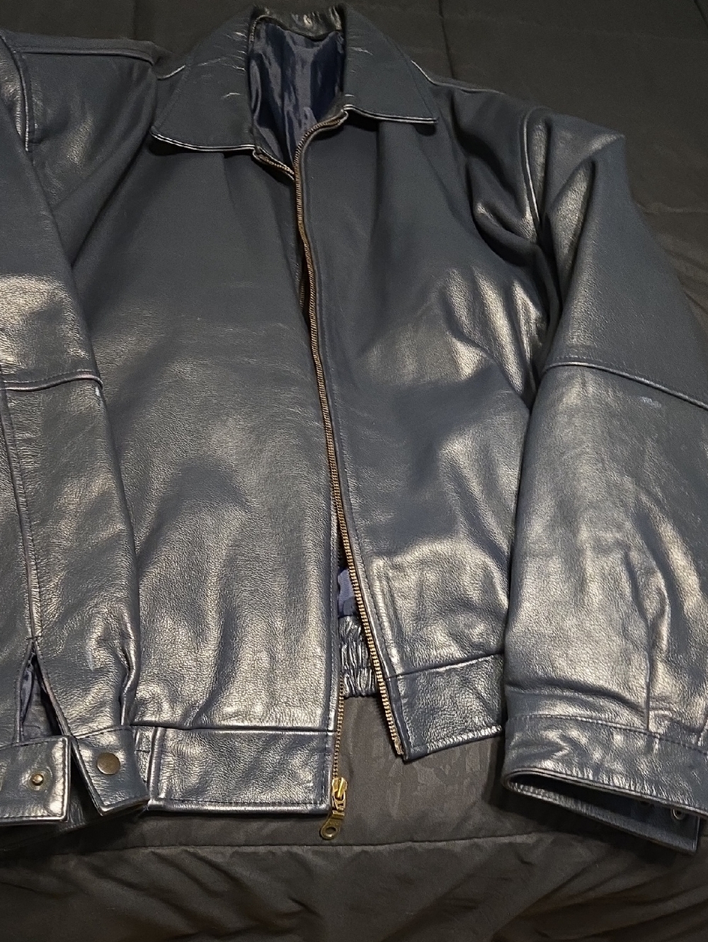 Men's Navy Leather Zip-Front Jacket
